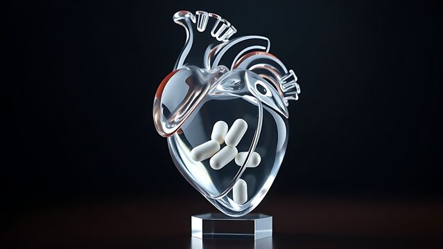 statin. An abstract glass sculpture of a human heart, with a single statin pill balanced on its top. event programs, museum guides, designed for cultural heritage projects and event programs.