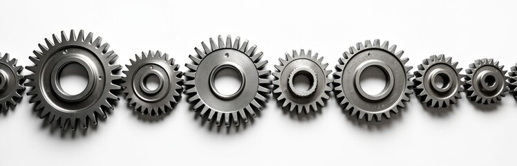 Row of connected metal gears isolated on white background. Steel cogwheels, machinery spare parts form single mechanism. Industrial engineering concept teamwork, system, business process, innovation,