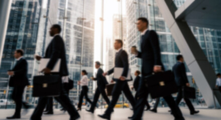 Fototapeta premium Blurred image of business executives walking swiftly in a contemporary glass office building during busy rush hour.