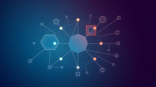 kingman. Abstract project management diagram with geometric shapes and connecting lines on a gradient background. STEM education sheets.