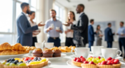 Soft blurred image of a corporate breakfast meeting featuring pastries, coffee cups, and attendees networking informally.