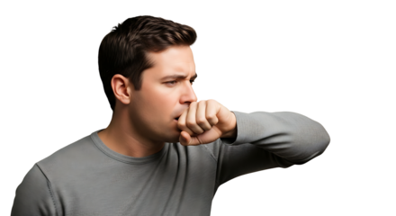 Young man coughing into his fist isolated on transparent background, demonstrating symptoms of a cold, flu, or other respiratory illness, studio shot