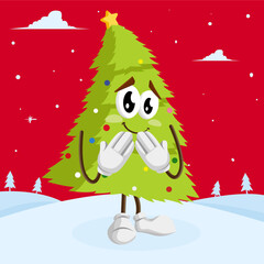 Fototapeta premium Christmas Tree Mascot Ashamed Pose Vector Illustration on Festive Background