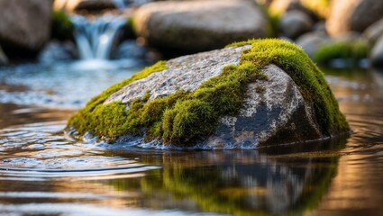 A photo of a moss-covered stone in a mountain stream.