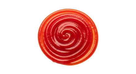 Overhead shot of a vibrant swirl of ketchup isolated on transparent background, showcasing its smooth texture and rich red color, perfect for culinary applications
