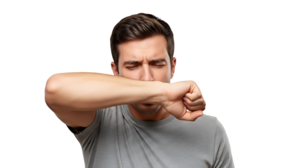 Young man coughing into his elbow isolated on transparent background to prevent spread of germs and viruses, demonstrating proper cough etiquette and hygiene practices