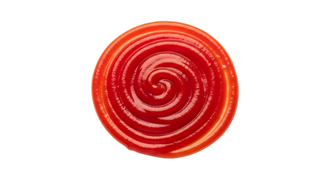 Overhead shot of a vibrant swirl of ketchup isolated on transparent background, showcasing its smooth texture and rich red color, perfect for culinary applications