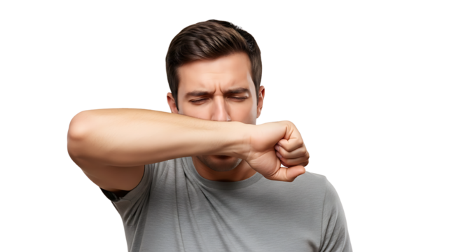 Young man coughing into his elbow isolated on transparent background to prevent spread of germs and viruses, demonstrating proper cough etiquette and hygiene practices