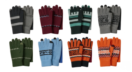 Collection of patterned winter gloves isolated on transparent background