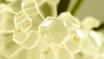 infamy. Magnified pollen grain with geometric facets and organic form, natural lighting. gardening catalogs, home-decor guides, designed for home decor and floral branding, promotes healthy living.