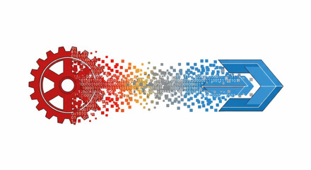 Vector illustration of digital transformation. A red gear dissolves into binary code and pixels, forming a blue arrow. Business modernization and data processing concept