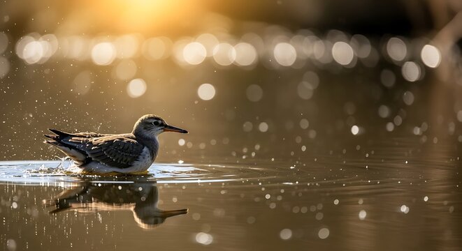 Small bird splashes water while bathing in calm lake during sunrise.