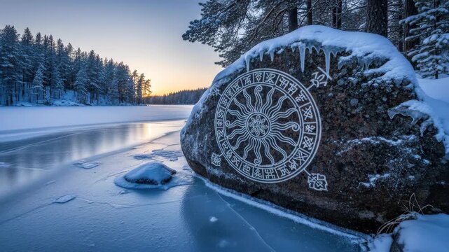 Winter landscape with a rock featuring a pagan sun symbol etched into its surface, set by a frozen lake with snowy forest background.