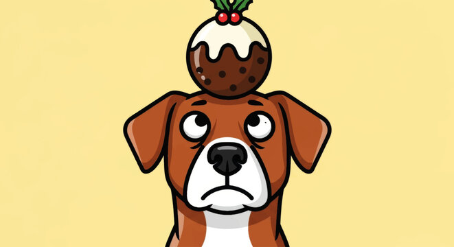 Funny cartoon dog with a Christmas pudding on its head. Humorous holiday vector illustration. Sad animal character design for festive cards