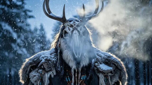 Spirit creature with horned headdress in snowy forest. Pagan Shaman ritual in winter landscape for Christmas. Yule and solstice.