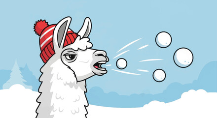 Obraz premium Funny cartoon llama spitting snowballs. Winter animal character vector illustration. Humorous holiday and Christmas graphic design