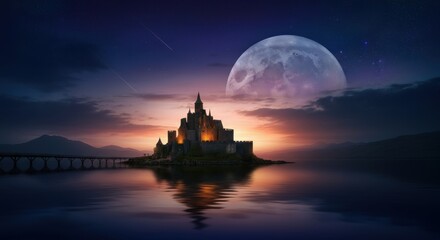 Enigmatic castle silhouette under moonlight reflected in tranquil waterscape