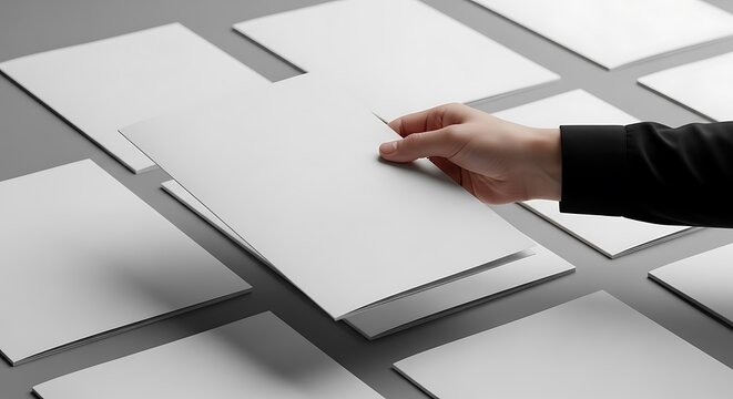 Hand picking up a blank white paper sheet from a neatly arranged grid of multiple empty documents on a gray background
