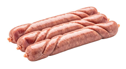 Three raw sausages isolated on transparent background, ready to be cooked and enjoyed, a versatile ingredient for grilling, frying, or adding to dishes