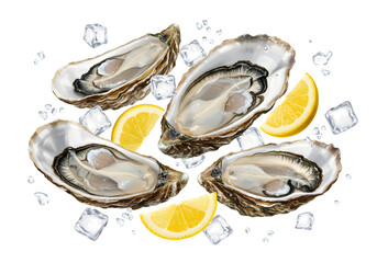 Freshly Shucked Oysters with Lemon Slices and Ice Cubes