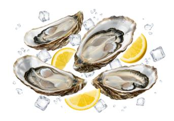 Freshly Shucked Oysters with Lemon Slices and Ice Cubes