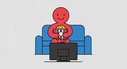 A happy character watching a movie on tv from a couch. Flat vector illustration of a person eating popcorn. Home entertainment and relaxation concept