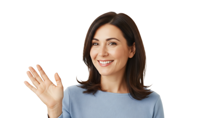 Cheerful woman waving hand isolated on transparent background, a friendly gesture perfect for greetings, communication, and positive interactions