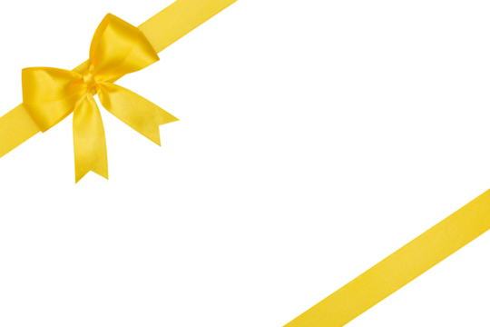 Yellow Bow and Ribbon Isolated on White and Png Transparent Background, Clipping Path Included
