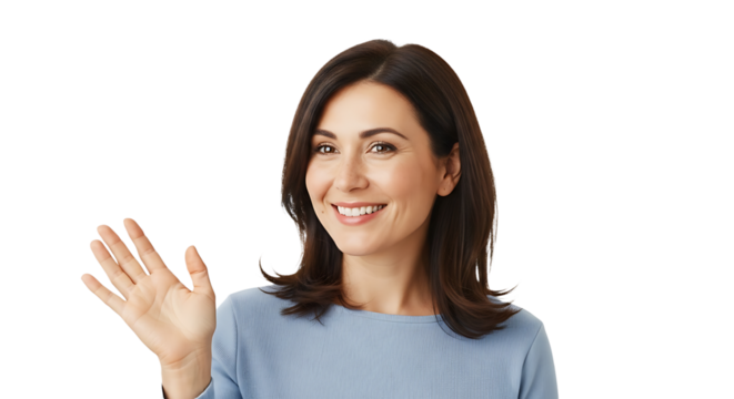 Cheerful woman waving hand isolated on transparent background, a friendly gesture perfect for greetings, communication, and positive interactions