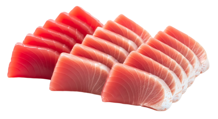 Delicious and fresh tuna sashimi slices isolated on transparent background, arranged in neat rows, showcasing the vibrant red color and delicate texture of the fish