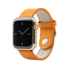 Apple watch with orange leather band isolated on transparent background