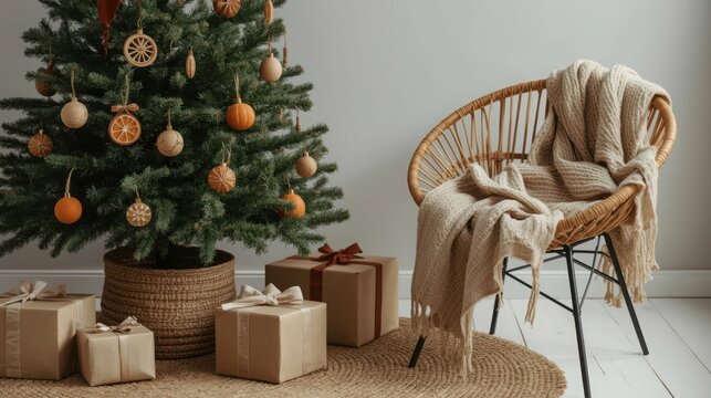 A christmas tree with ornaments and presents next to a chair with a blanket in a cozy setting