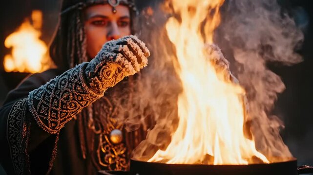 Man with frost-covered hands warming over fire during a pagan ritual concept or Yule celebration