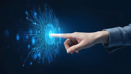 Hand interacts with a glowing blue digital interface with circuit board patterns, access concept.