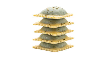 A stack of five ravioli isolated on transparent background, featuring a classic square shape and a savory filling, arranged in a tempting tower