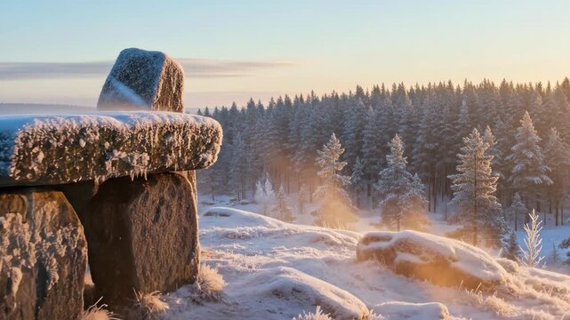 Ancient megalith covered with snow under sunlight in a winter forest, symbolizing pagan celebration of Winter Solstice, Yule.