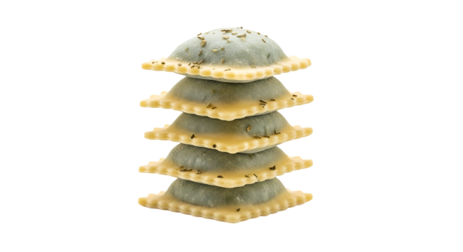 A stack of five ravioli isolated on transparent background, featuring a classic square shape and a savory filling, arranged in a tempting tower