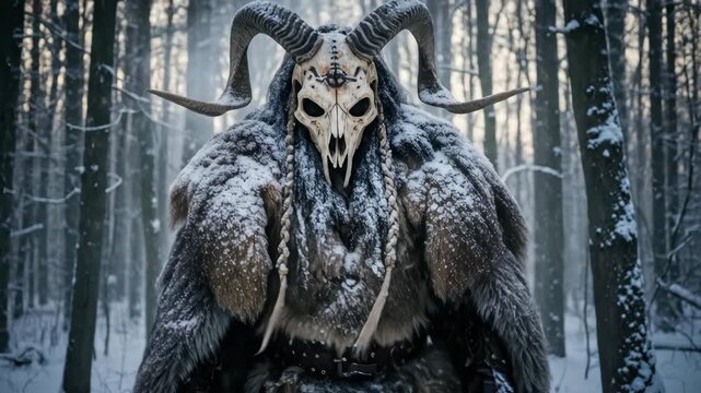 Man in pagan krampus costume with skull mask and fur armor stands in snowy winter forest concept for Yule or Christmas