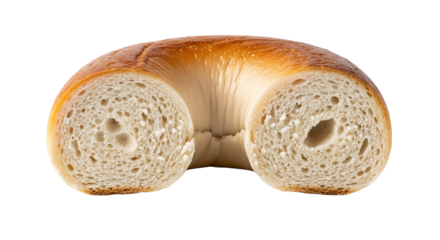Closeup of a bagel cut in half isolated on transparent background, a bread product made of dense dough that is boiled and then baked