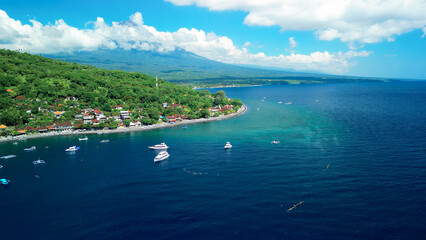Jemeluk Bay Aerial, Amed Bali With Boats And Majestic Mount Agung