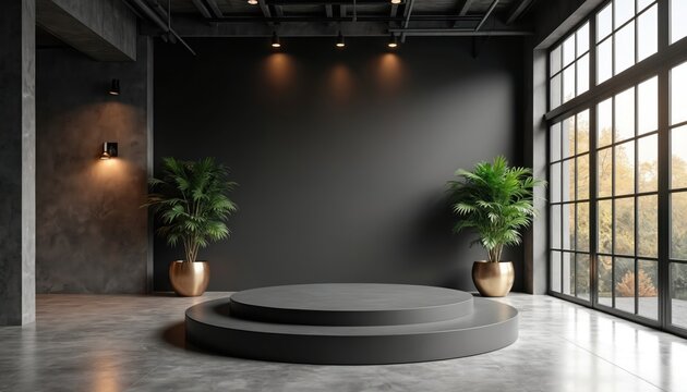 Minimalist room with empty grey podium for product display. Large window shows autumn trees outside. Two potted plants add natural decor to modern interior space.