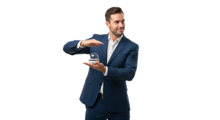 Young businessman in a suit holding a crystal ball isolated on transparent background, predicting future trends and making strategic decisions