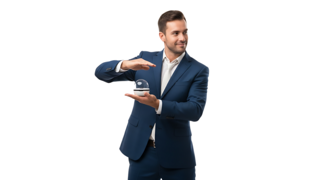 Young businessman in a suit holding a crystal ball isolated on transparent background, predicting future trends and making strategic decisions