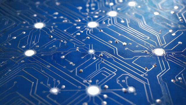 Macro close-up of a blue circuit board with intricate white conductive traces, tech concept.