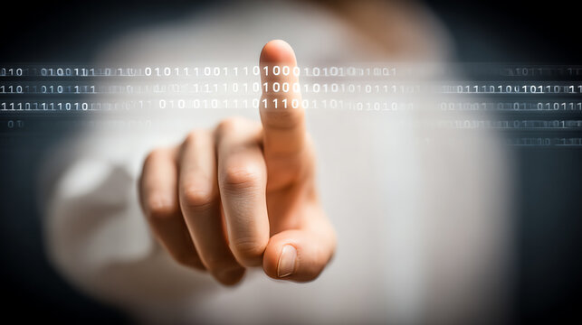 A close-up of a person's finger hovering over binary code, symbolizing digital interaction and technological advancement.