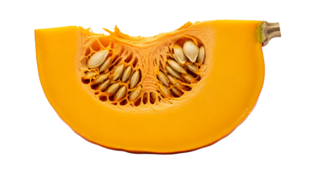A quarter slice of ripe orange pumpkin with seeds isolated on transparent background, a healthy and delicious ingredient for cooking and baking