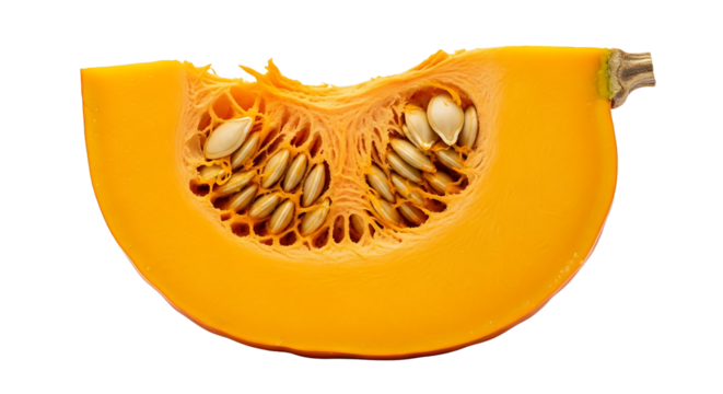 A quarter slice of ripe orange pumpkin with seeds isolated on transparent background, a healthy and delicious ingredient for cooking and baking