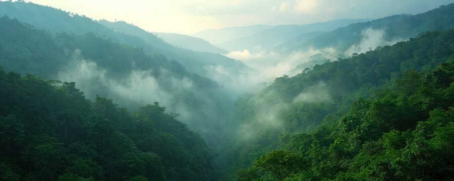 Dense green rainforest hills rise in soft light. Mist drifts among vegetation in valley. Environment with trees, hills shows biodiversity on preserved ecology. Concept of bio tech carbon net zero