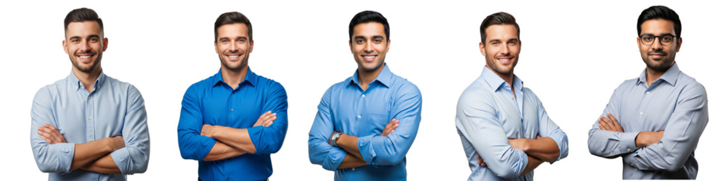 Diverse of young business men crossed arms standing confident isolated on white or transparent background