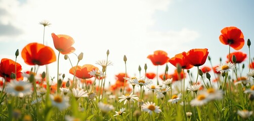 Field of colorful wildflowers in sunny day. Red poppies and white daisies grow in green grass. Summer meadow flowers background. Floral scene with sunlight on blue sky.